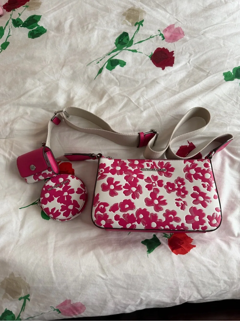 Michael Kors Dragonfruit Floral Print Crossbody Bag Coin Bag& Apple AirPods Case